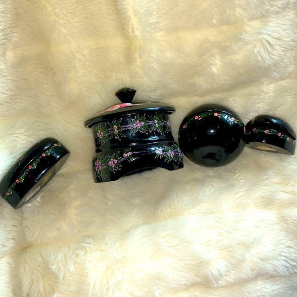 Vtg 70's hand painted black lacquered WOOD trinket box coaster set LOT - Picture 7 of 12
